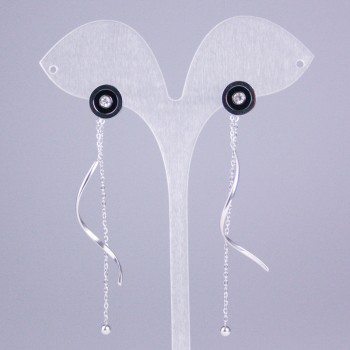 Xuping Rhodium Stud Earrings with Black Enamel Circle, about 10 mm in diameter, with white stones and chains, length about 7 cm