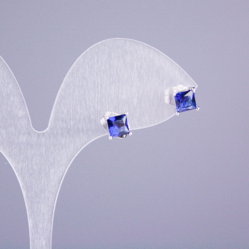 Xuping Rhodium-Plated Blue Stone Stud Earrings, Square 5x5 mm, Length 16 mm
