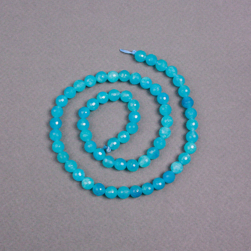Aquamarine Beads on Thread, Natural Stone Faceted Round Beads, 6 mm Diameter, 38 cm Length