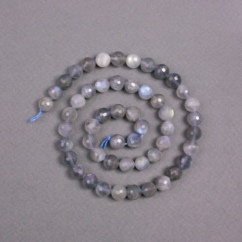 Labradorite Beads on Thread, Natural Stone, Faceted Round Beads, 8mm Diameter, 40cm Length