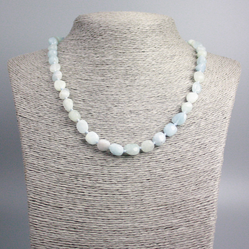 Aquamarine Necklace with natural stone, faceted beads, diameter 9x8 mm +-, length 48 cm+-