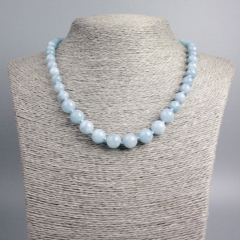 Aquamarine Necklace with natural stone, graduated smooth beads, diameters 10, 8, 6 mm, length 46 cm