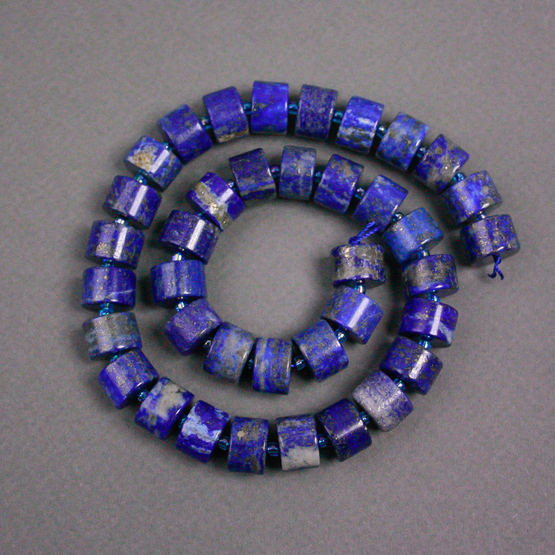 Lapis Lazuli Rondelle Beads on Thread, 12x8 mm diameter ±, with seed beads, 2 mm diameter ±, length 39 cm ±