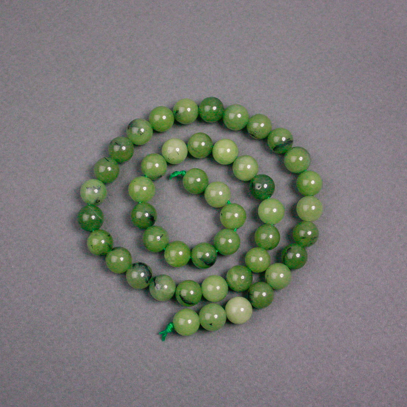Jadeite Beads on Thread, Canadian Natural Stone, Smooth Round Beads, Diameter 8.5 mm, Length 38 cm