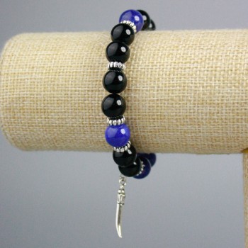 Bracelet Black Agate, Azurite (acrylic imitation) smooth beads, 10 mm diameter ± with Wolf motif silver inserts, length 18 cm ± (stretch)