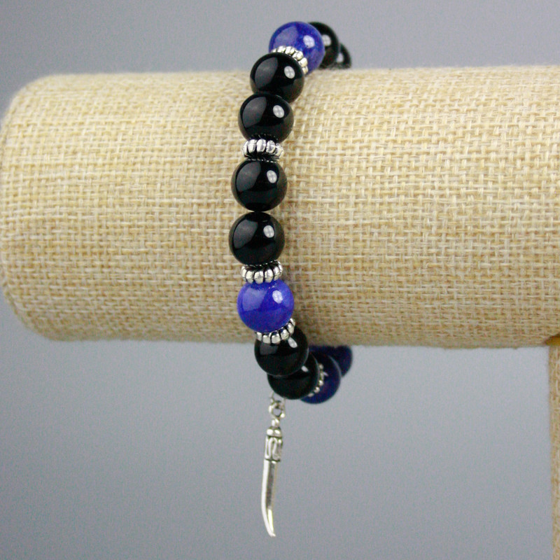 Bracelet Black Agate, Azurite (acrylic imitation) smooth beads, 10 mm diameter ± with Wolf motif silver inserts, length 18 cm ± (stretch)
