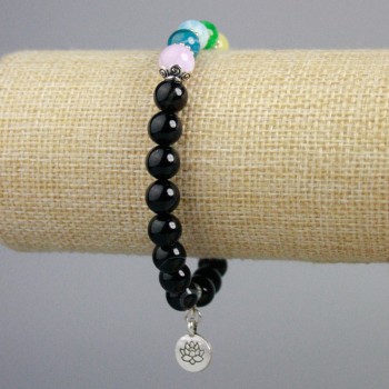 Black Agate Bracelet with Silver-Tone Inserts and Multicolored Beads