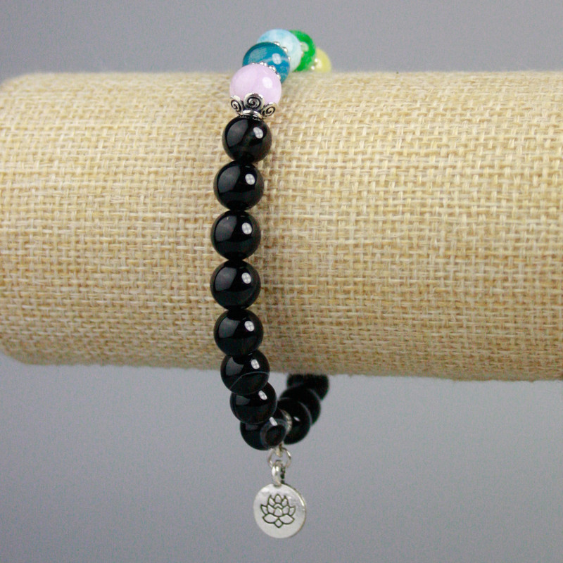 Black Agate Bracelet with Silver-Tone Inserts and Multicolored Beads