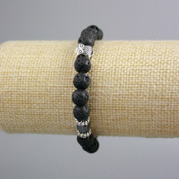 Lava bracelet with smooth beads, 8.5 mm diameter, hematite cube 6 mm with silver-tone inserts, length 18 cm (stretch)