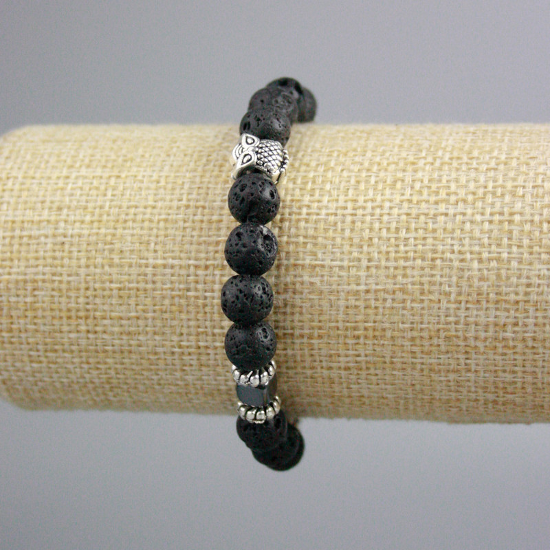 Lava bracelet with smooth beads, 8.5 mm diameter, hematite cube 6 mm with silver-tone inserts, length 18 cm (stretch)