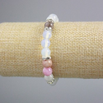 Moonstone (Opalite) Bracelet, Multicolored Jadeite Smooth Beads, 8 mm Diameter ± with Rhinestones, Length 18 cm ± (Stretch)