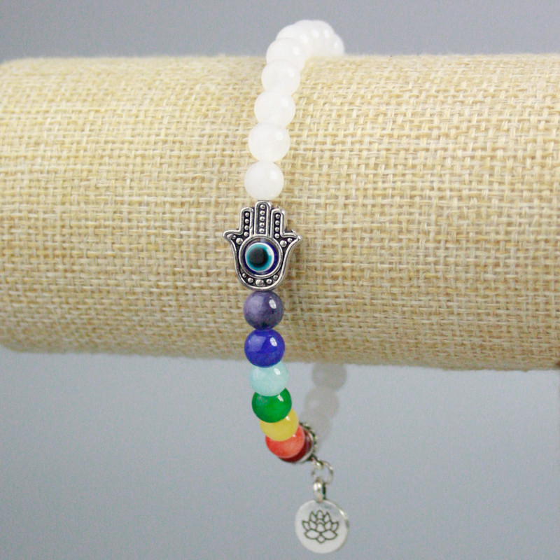 Bracelet White Quartz (named), multicolor acrylic smooth bead, diameter 6.5mm± with silver inserts, length 18cm± (stretch)