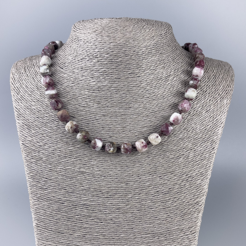 Necklace with natural tourmaline, faceted cube bead, 9x9 mm, length 50 cm