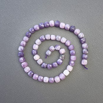 Lepidolite Beads, Natural Stone, Faceted Cubes 7x7 mm, 39 cm Length on Thread