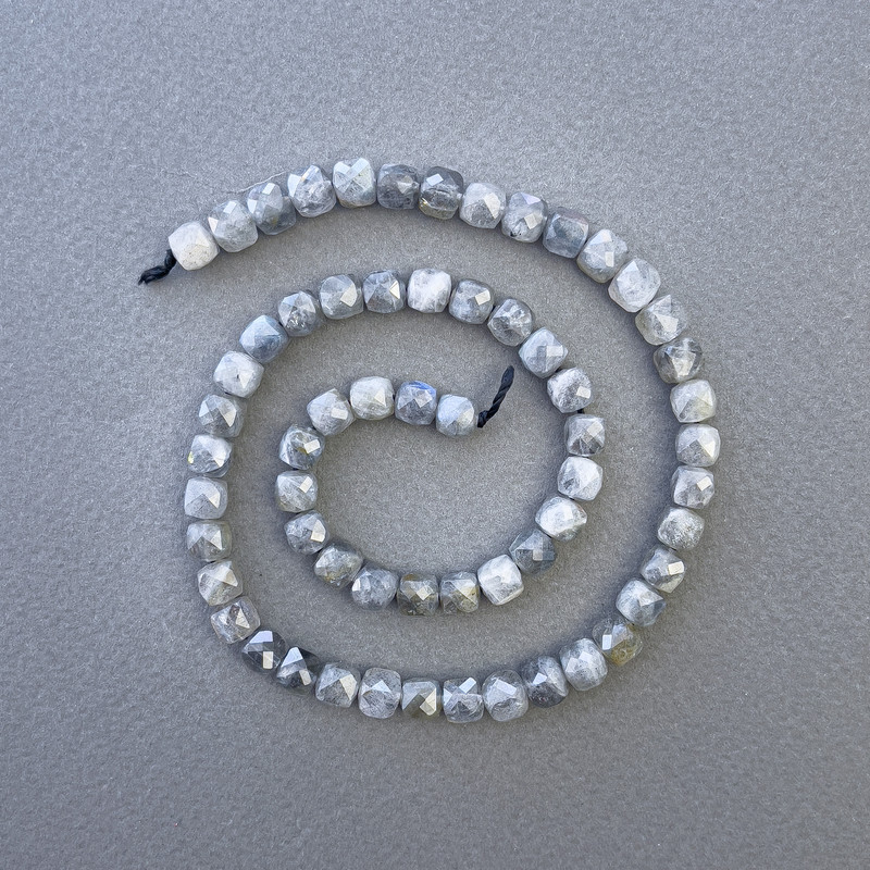 Labradorite Beads, Natural Stone — Faceted Cubes, 6x6 mm, Length about 39 cm, on Thread