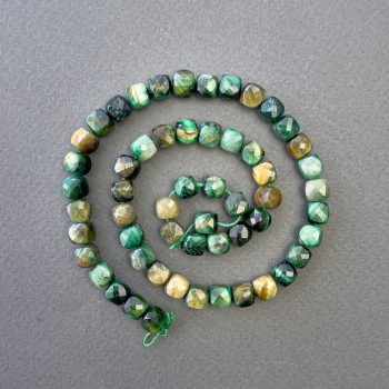 Green Tiger's Eye Beads, tinted natural stone, faceted cube, 7x7 mm diameter, 39 cm length on thread