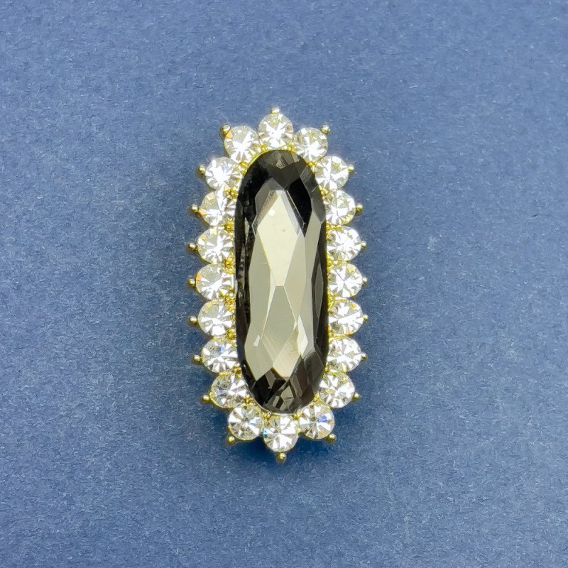 Brooch Accent with Gray Crystal and White Rhinestones, Gold-Toned Metal, 36×18 mm +