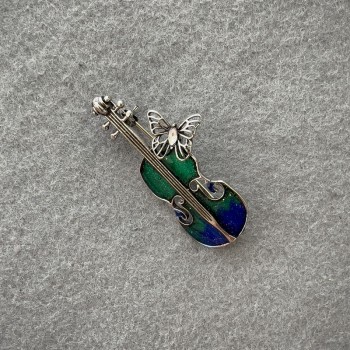 Brooch Violin with light blue and blue enamel and crystals, silver metal 47x24 mm+