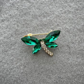 Butterfly Brooch with Green and White Crystals on Gold-Tone Metal 20x28 mm+