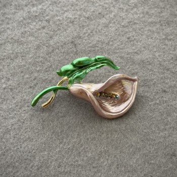 Calla Lily Pink Enamel Brooch on Gold-Tone Metal with Rhinestones 49x29mm+