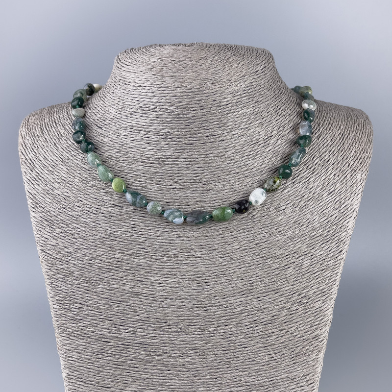 Moss Agate Necklace with natural stone, faceted beads, diameter 8×10 mm ±, length 47 cm ±