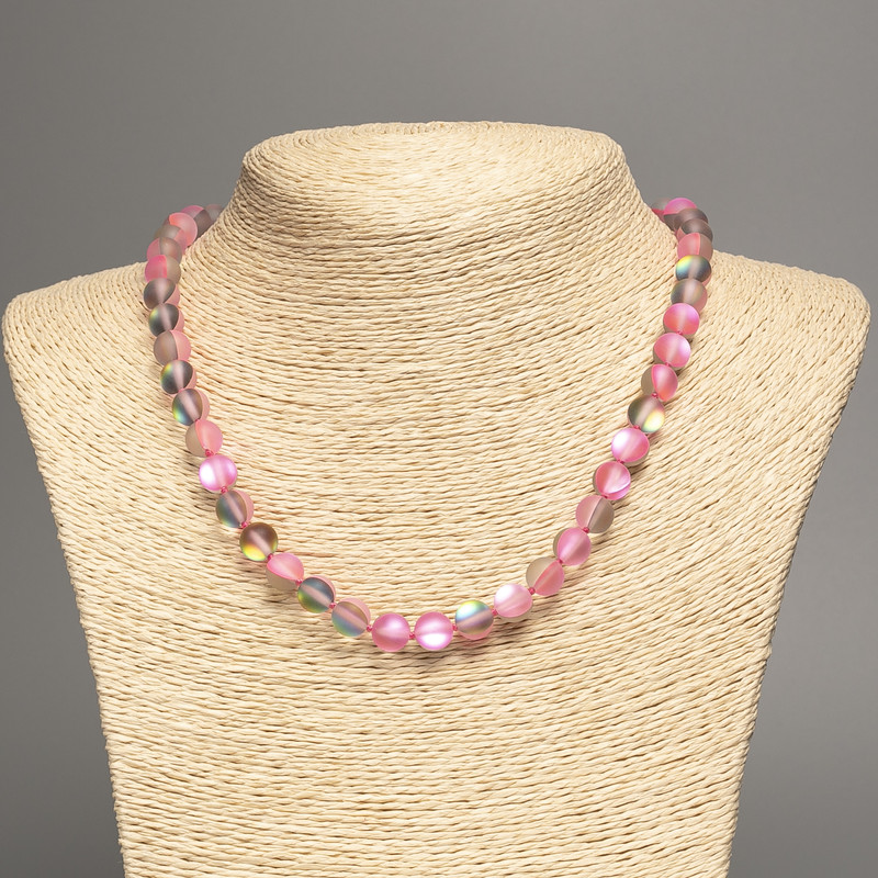Opal glass necklace pink matte chameleon smooth bead, diameter 8mm±, length 49cm±