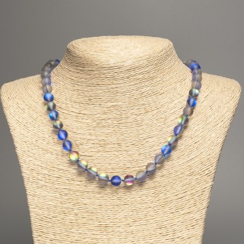 Opal Glass Necklace 'Blue Matte Chameleon' Smooth Bead, 8 mm Diameter, 49 cm Length
