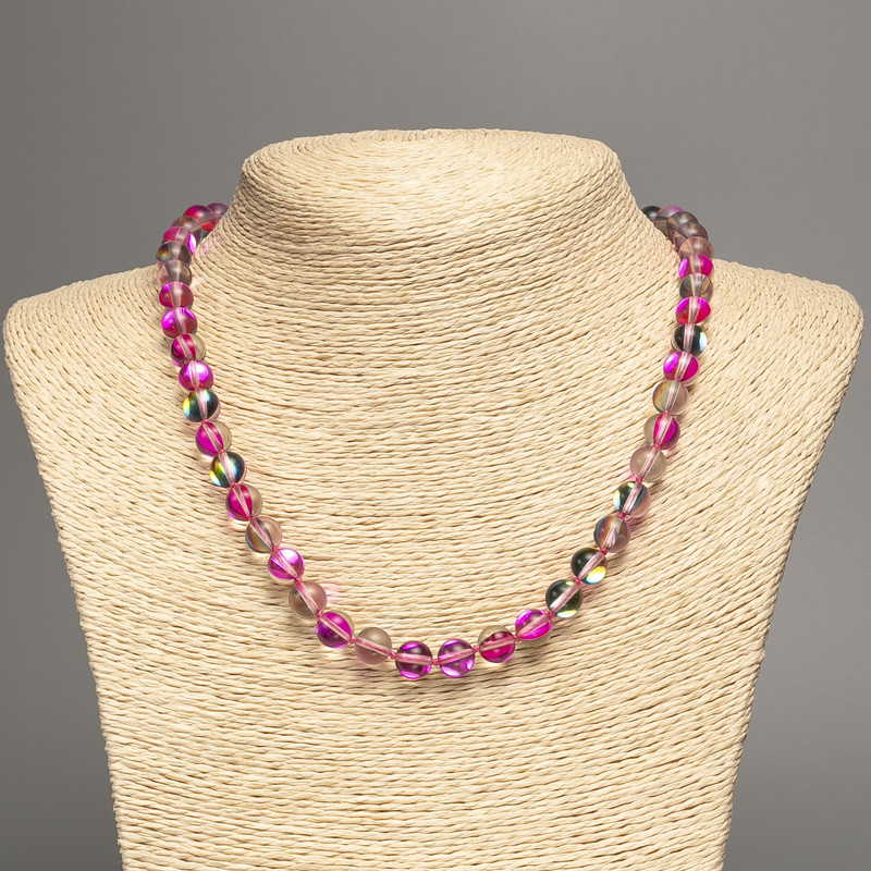 Opal Glass Necklace 'Raspberry Chameleon' Smooth Bead, 8 mm diameter, 49 cm length