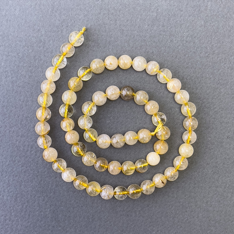 Beads of Hairy Rutile Quartz natural stone, smooth spheres, diameter 6.5 mm +/-, length 39 cm