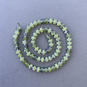 Canadian Jadeite Beads, disk-shaped natural stone on thread, diameter 6x3mm, length 39cm, with seed beads 3x2mm
