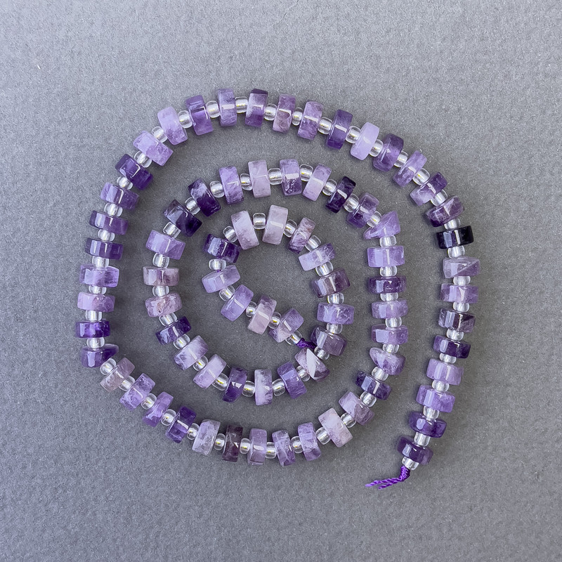 Amethyst beads, natural stone disc on thread, diameter 6.5×3 mm, length 40 cm, with seed beads 3×2 mm