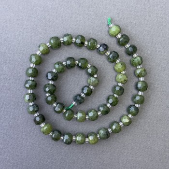Canadian Jadeite Beads, Natural Stone Faceted Rondelle on String, Diameter 7.5×6 mm, Length 38 cm, with seed beads 3×2 mm
