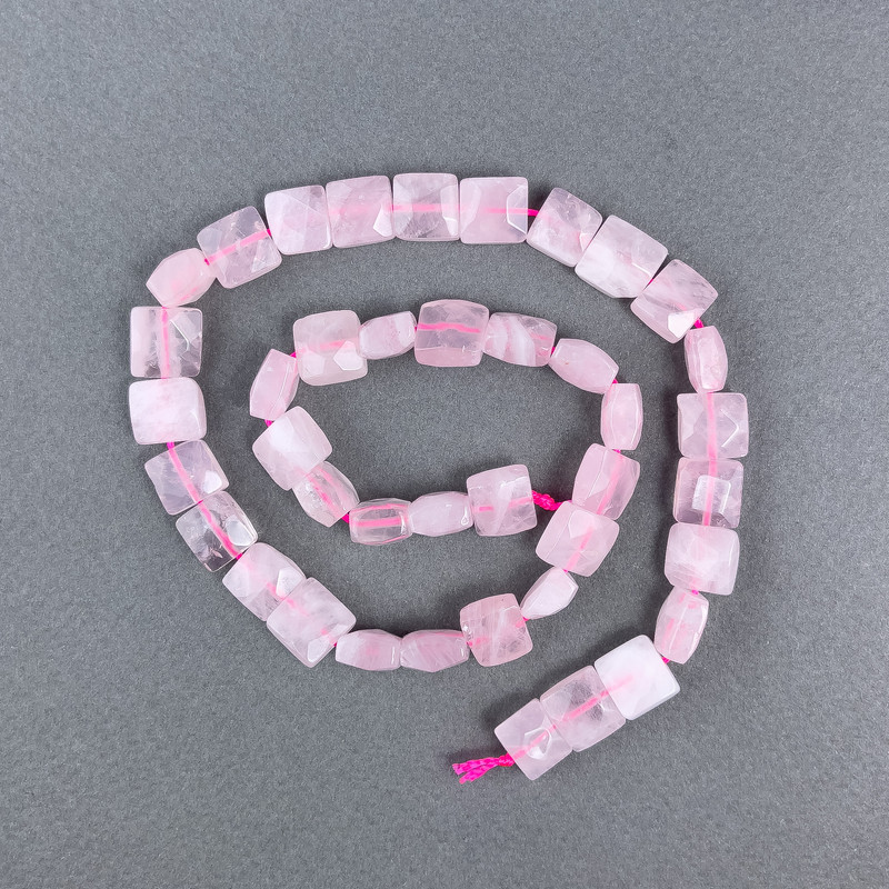 Pink Quartz Beads, Natural Stone, Faceted Rectangular on Thread, Dimensions 9×10×5 mm ±, Length 39 cm ±