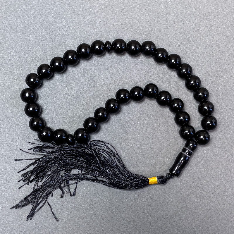 Black Agate Mala Beads (Pressed), Smooth Beads, 12 mm Diameter, 33 Beads, with Agate Inlays