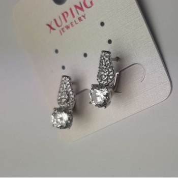 Xuping earrings with white rhinestones and a crystal, 7 mm diameter, 17 mm length, Rhodium-plated