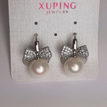 Xuping Earrings with White Mallorca Pearl Bead and White Crystals, 10 mm Diameter, 19 mm Length, Rhodium