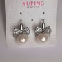 Xuping Earrings with White Mallorca Pearl Bead and White Crystals, 10 mm Diameter, 19 mm Length, Rhodium