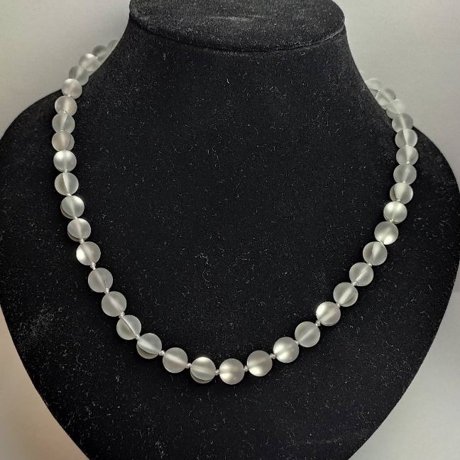 Opal glass necklace, white matte, smooth beads, 8 mm diameter, length 49 cm