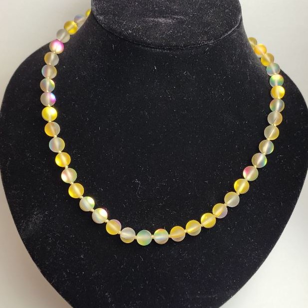 Opal Glass Necklace Yellow Matte Chameleon Smooth Bead, Diameter 8 mm, Length 49 cm