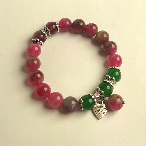 Bracelet of Polychrome Tourmaline and Jade, smooth beads, 10 mm diameter, 18 cm length (stretch) with inlays