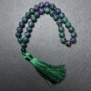 Zoisite Natural Stone Prayer Beads, Smooth Round Beads, 10 mm Diameter, 33 Beads, with Metal Inlays