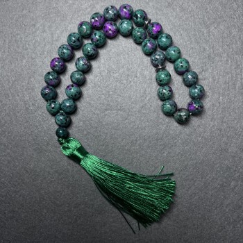 Zoisite Natural Stone Prayer Beads, Smooth Round Beads, 10 mm Diameter, 33 Beads, with Metal Inlays