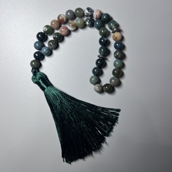 Green Jasper Prayer Beads, natural stone, smooth round beads, 8 mm diameter, 33 beads, with metal inlays