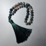 Green Jasper Prayer Beads, natural stone, smooth round beads, 8 mm diameter, 33 beads, with metal inlays