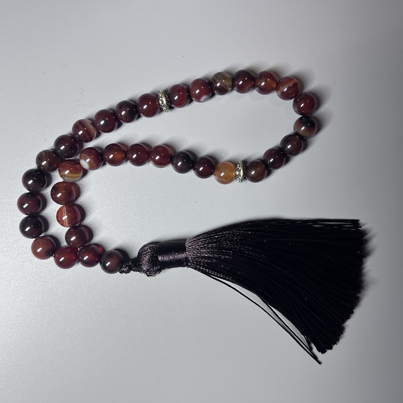 Carnelian prayer beads, natural stone, smooth round beads, 8 mm diameter, 33 beads, with metal inserts