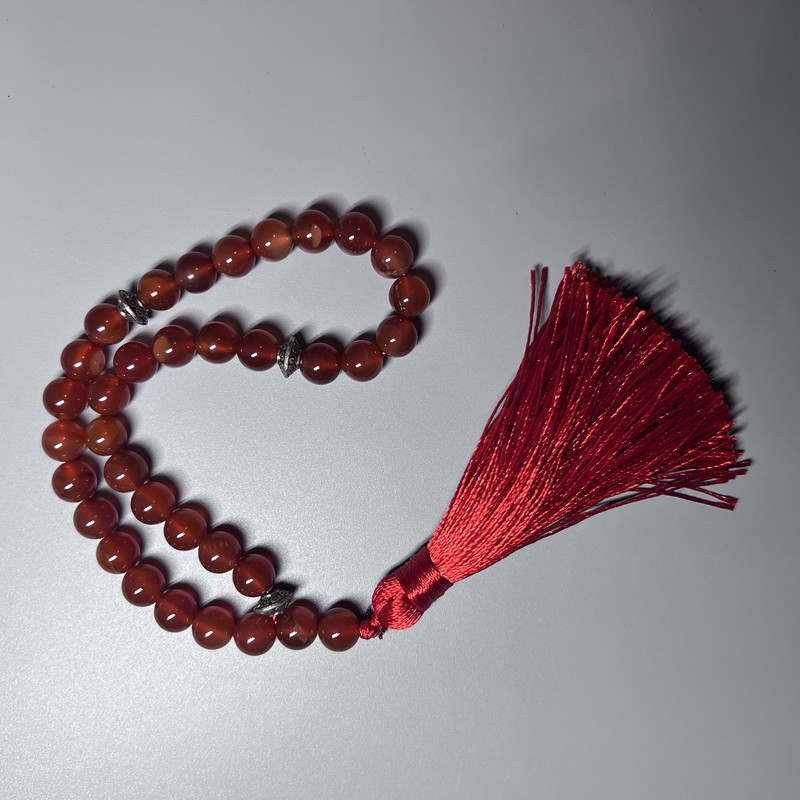 Carnelian natural stone prayer beads, smooth round beads, 8 mm diameter, 33 beads, with metal inserts