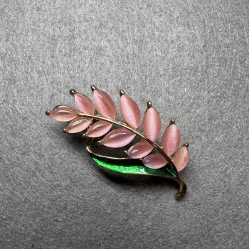 Brooch Twig with Pink Cat's Eye, Green Enamel on Golden Metal 22x47mm