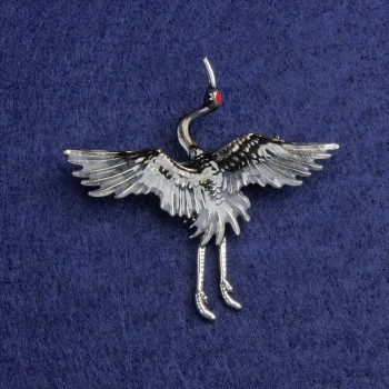 Crane Brooch in gray and black enamel, silver-toned metal 47x45mm