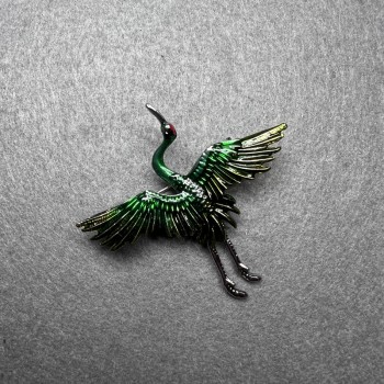 Brooch Crane green enamel, silver metal 47x45mm