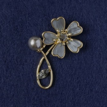 Brooch 'Flower' Gray Mother-of-Pearl, Crystal, Bead, Golden Metal 33x51mm